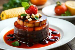 un postre con fresas y salsa en un blanco lámina. generado por ai foto