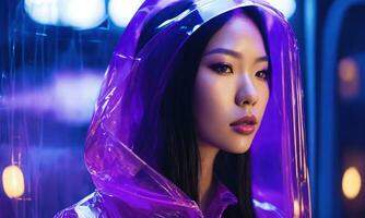 AI generated beautiful asian woman in purple raincoat walking in the city. ai generative photo