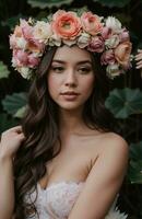 ai generado hermosa joven mujer con flores en pelo mirando a cámara aislado en gris. ai generativo foto
