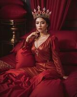 AI generated fashion interior photo of beautiful sensual woman with dark hair in luxurious dress and crown posing in bed. ai generative. ai generative