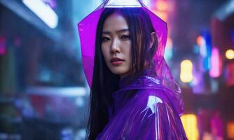 AI generated beautiful asian woman in purple raincoat walking in the city. ai generative photo