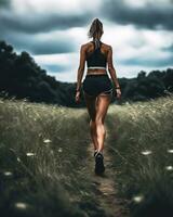 AI generated Athletic young woman running in a field at sunset. ai generative photo