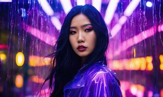 AI generated beautiful asian woman in purple raincoat walking in the city. ai generative photo