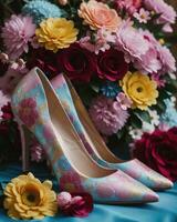 ai generado Boda Zapatos con alto tacones en un antecedentes de flores ai generativo foto