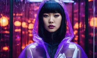 AI generated beautiful asian woman in purple raincoat walking in the city. ai generative photo