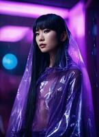 AI generated beautiful asian woman in purple raincoat walking in the city. ai generative photo