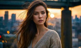 AI generated Portrait of a beautiful young woman in the city at sunset. ai generative photo