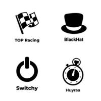 Set of black vector icons on a white background. Monochrome. Flat style. Contains racing flag, hat, power button, and stopwatch.