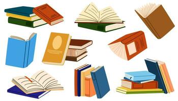 Stacks of books for reading, pile of textbooks for education. Set of literature, dictionaries, encyclopedias, planners with bookmarks. Flat vector illustration isolated on white background