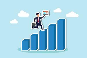 Growth or improvement, progress on career path to achieve business goal, motivation to success, step to skill development concept, businessman working on laptop walk up growing graph and chart. vector