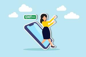 Reduce mobile screen time, digital detox, exit from virtual social media and live your real life concept, happy young woman walking step out of smartphone mobile screen follow green exit sign. vector