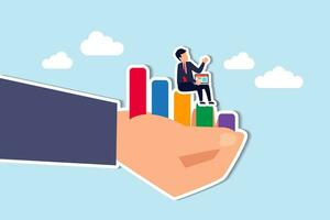 Business support or improvement, growing career or financial earning chart, investment growth, income or rising revenue concept, smart businessman working with computer on growth graph in giant hand. vector