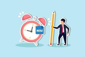 Stop procrastination, do it now or decision to finish work or appointment in time, punctuality concept, businessman with pencil after he wrote the word Now on note and stick it on ringing alarm clock. vector