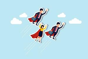 Professional people to help business success, teamwork or unity, super power to grow business fast, strength or team support concept, business people team members superhero flying high up in the sky. vector