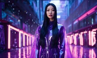 AI generated beautiful asian woman in purple raincoat walking in the city. ai generative photo