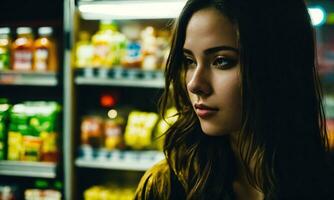 ai generado hermosa joven mujer compras en un tienda de comestibles almacenar, mirando para alimento. ai generativo foto