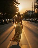 AI generated Beautiful young woman in a long yellow dress walking on the street at sunset. ai generative photo