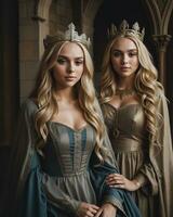 AI generated beautiful women in medieval dresses posing in front of a castle. ai generative photo