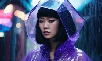 AI generated beautiful asian woman in purple raincoat walking in the city. ai generative photo