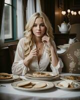 AI generated Beautiful blonde girl sitting at the table with a lot of food. ai generative photo