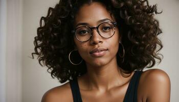 AI generated Portrait of a beautiful young african american woman in eyeglasses outdoors. ai generative photo