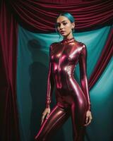 AI generated Beautiful young brunette woman in a blue latex suit posing in the studio. ai generative photo