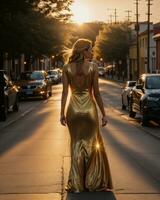 AI generated Beautiful young woman in a long yellow dress walking on the street at sunset. ai generative photo