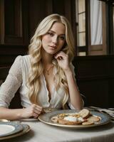 ai generado hermosa rubia niña sentado a el mesa con un lote de alimento. ai generativo foto