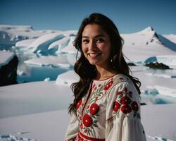 AI generated Portrait of a young woman smiling at camera in front of icebergs. ai generative photo
