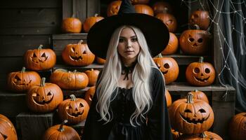 AI generated Beautiful young woman in black dress and hat on the background of Halloween pumpkins. ai generative photo