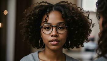 ai generado retrato de un hermosa joven africano americano mujer en los anteojos al aire libre. ai generativo foto