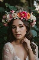 ai generado hermosa joven mujer con flores en pelo mirando a cámara aislado en gris. ai generativo foto