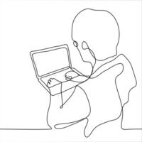 A man with glasses sits and types on the laptop keyboard. One continuous line art freelancer or copywriter or programmer or web designer works from home vector