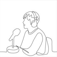 un hombre se sienta en auriculares a el micrófono y transmisiones uno continuo línea dibujo de un presentador o invitado podcast habla dentro un micrófono. lata ser usado para animación. vector