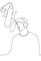 man in over-ear headphones stands in a recording studio in front of a professional microphone - one line drawing. Concept of audio track recording, audio book, dubbing, commercial sounding vector