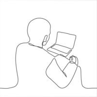 young man holds his smartphone horizontally he is distracted and looks to the side. one line drawing concept of interruption of online surfing, watching video, broadcasting, shooting video vector