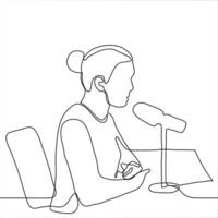 mujer sentado a un mesa con un micrófono. uno continuo línea dibujo un mujer, presentador radiodifusión en el radio, grabación un podcast, dando un entrevista para un radio programa como un experto vector