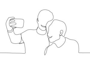 dos hombres tomar un selfie en un teléfono inteligente uno continuo línea dibujo de dos amigos sonriente mientras haciendo un foto. vector ilustración de amigos durante un simpático reunión.