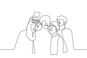 multitud de joven hombres tomando selfie y sonriente mientras mirando a el cámara. uno continuo línea dibujo grupo de cuatro amigos tomando foto en teléfono inteligente vector