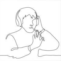 guy with headphones on his head closed his eyes and put his hand forward. one line drawing concept music lover asks not to interrupt it from listening, keep silence and do not interfere vector