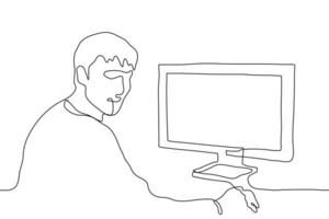 linear drawing of the profile of a worker at a desktop with a computer, a computer mouse in his right hand. The man turned and looks at the viewer. Continuous line drawing of a man at a computer vector