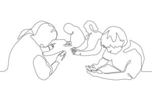 Continuous line art silhouette of people sitting at a table focused on their phones. A group of people each of which looked down at the screen of the device vector