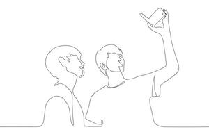 continuous one line drawing two young men shoot themselves on camcorder camera. One men holds the camera with one hand. The concept of selfie, friendship, blogging vector