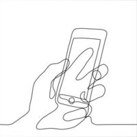 dibujo de el izquierda mano de un hombre participación un teléfono teléfono inteligente uno continuo línea Arte mano con un teléfono. vector