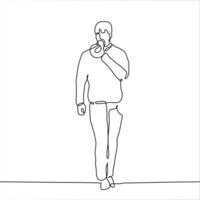 Full-length drawing of a man walking and talking into a loudspeaker. The concept of an important warning, announcements, news, sensations. One continuous line art vector