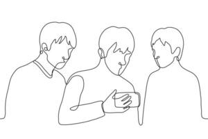 three guys stand and look at the phone that the guy is holding in the middle. one line drawing three friends are passionate about a smartphone, they are watching and listening vector