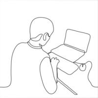 Drawing of a man sitting at a laptop with a keyboard and a computer mouse. Freelancer is typing something on the keyboard. Work from home web designer, copywriter, programmer, editor, blogger vector