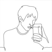 joven hombre soportes en frente de un espejo con un teléfono y toma un autofoto uno continuo línea dibujo de un chico tomando un selfie mediante el espejo. lata ser usado para animación vector