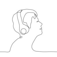 uno continuo línea perfil retrato de un hombre quien cerrado su ojos y disfruta escuchando a música en auriculares. escuchando a música, leyendo un audio libro, terapia con relajante música, audio meditación vector