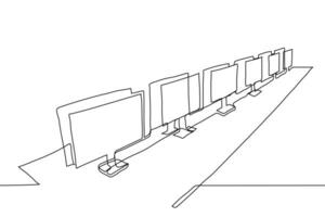 row of desktops with computers on each, internet cafe interior. one continuous line drawing of an empty internet cafe, an empty office as a result of the pandemic, digital online streaming concept vector